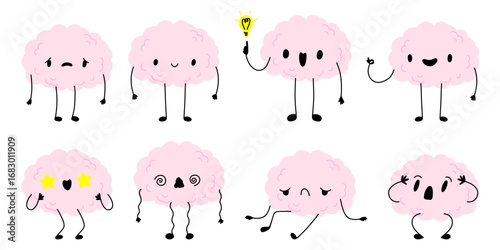 Happy sad tired burnout depression brain cartoon character. Brain with low charge, depression, burnout, lack energy and power with high energy. Stock vector illustration isolated on white background.