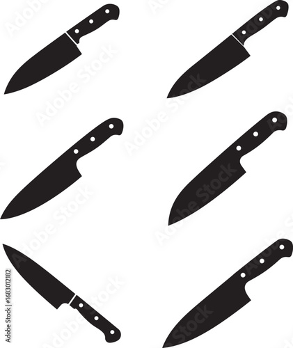 Six different silhouetted kitchen knives displayed against a white background