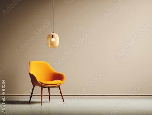 A muted beige room boasts a stylish orange armchair and a hanging light fixture.