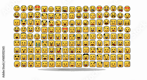 Vibrant collection of diverse emoji faces expressing a wide spectrum of emotions and reactions, perfect for digital communication and creative projects.