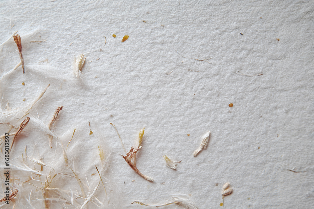 Obraz premium Snow entangled in washi paper fibers and fluff.