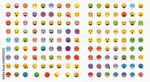 Vibrant collection of diverse emoji faces expressing a wide spectrum of emotions, perfect for digital communication and design projects