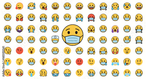 Collection of expressive emoji faces showcasing various emotions and reactions, many wearing protective face masks for health and safety awareness