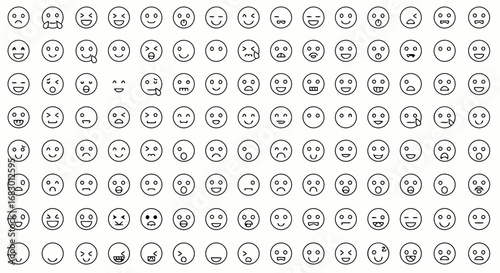 Expressive emoji collection showcasing diverse emotions and reactions with clean, modern line art for digital communication and design projects