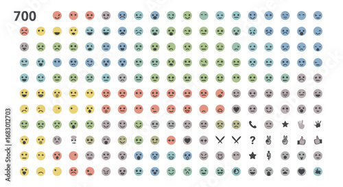 Vibrant collection of diverse emoji faces expressing a wide spectrum of emotions and reactions, perfect for digital communication and design projects