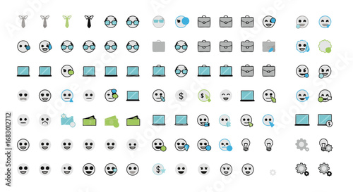 Diverse collection of modern business icons featuring ties, briefcases, laptops, smiling faces, and financial symbols for professional use