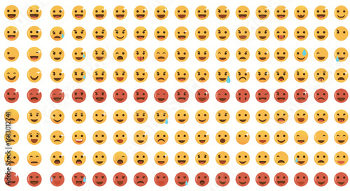 Vibrant collection of diverse emoji faces expressing a wide range of emotions for digital communication and creative projects