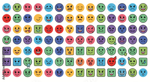 Vibrant collection of diverse emoji faces expressing a wide spectrum of emotions, perfect for digital communication and creative projects