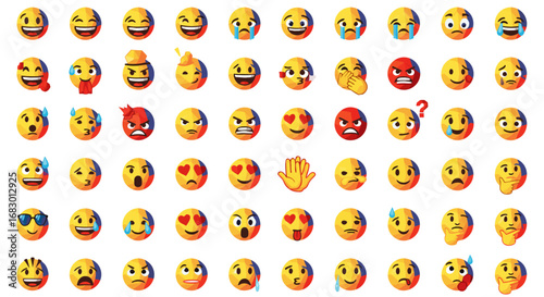 Vibrant collection of expressive emoji faces showcasing diverse emotions, perfect for engaging communication and digital content creation