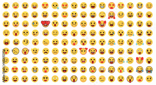 Vibrant collection of expressive emoji faces conveying a wide range of emotions and reactions, perfect for digital communication and design.