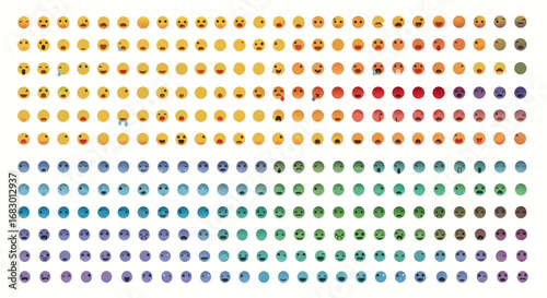 Vibrant collection of diverse emoji faces showcasing a spectrum of emotions from joy to surprise and sadness, perfect for digital communication and design projects.