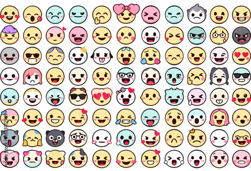 Vibrant collection of diverse, expressive emoji faces conveying a wide range of emotions perfect for digital communication and design projects