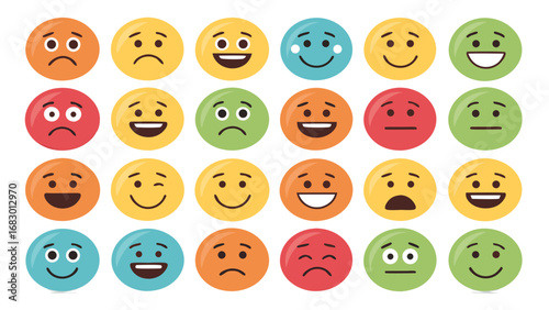 Expressive emoji faces showcase a spectrum of emotions from happy to sad, perfect for feedback and communication visuals