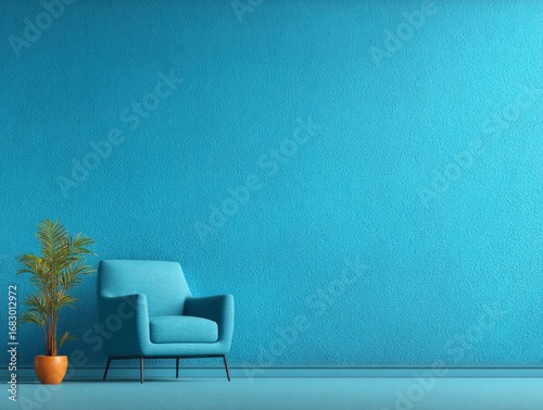 A modern teal room, featuring a teal armchair and a potted plant, creates a calming and inviting atmosphere.