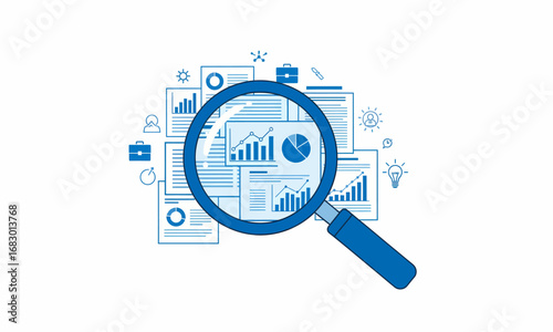 Blue Magnifying Glass Examining Business Documents and Data.
