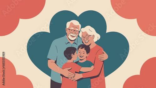 A cartoon illustration of grandparents hugging their grandchildren with hearts in the background design