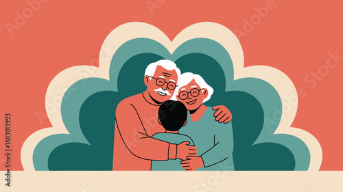 Grandparents embracing grandchild with retro flower background in a warm and loving family scene