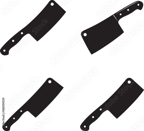 Four black silhouettes of butcher knives and cleavers on a white background