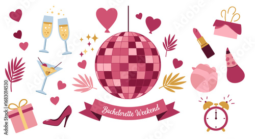 Bachelorette party disco ball with cute pink icons