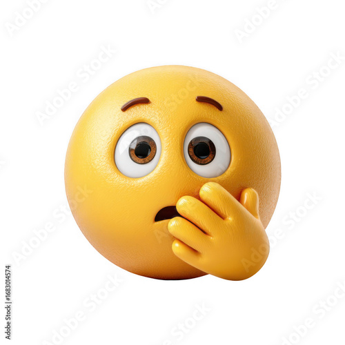 3D yellow emoticon face hand over mouth surprised look