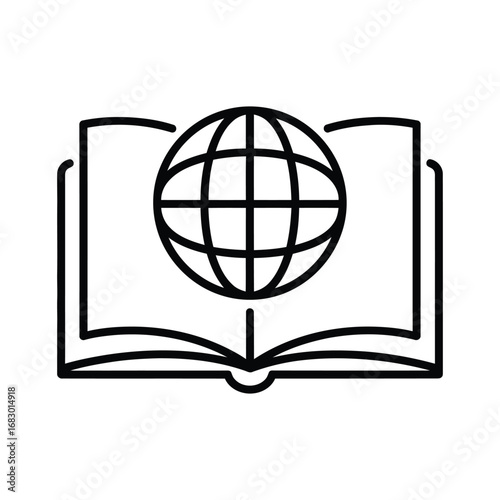 A simple line icon of an open book with a globe symbol representing global education and knowledge