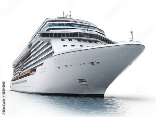 A modern cruise ship, sleek and gleaming white, gracefully cuts through placid waters, showcasing its intricate deck structures and prominent bow.
