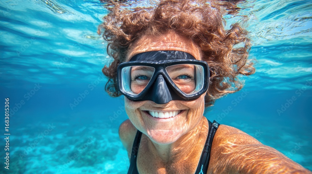 Fototapeta premium Smiling woman snorkeling underwater in tropical sea
