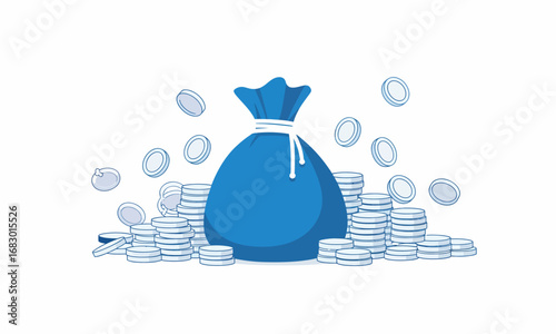 Cartoon Blue Money Bag Filled with Coins and Falling Cash.