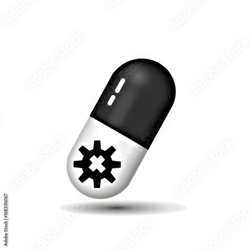 Pill with Gear Icon: A sleek, stylized illustration showcases a medicine capsule emblazoned with a gear icon, representing innovative health solutions.