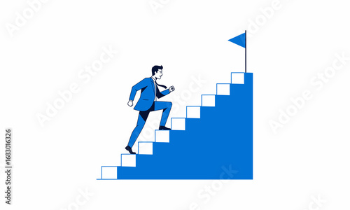 Determined Businessman Ascending Blue Staircase Towards Goal Flag.