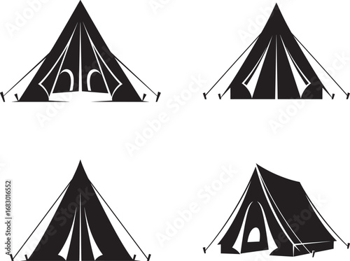 Collection of four distinct black silhouette camping tents on a white background