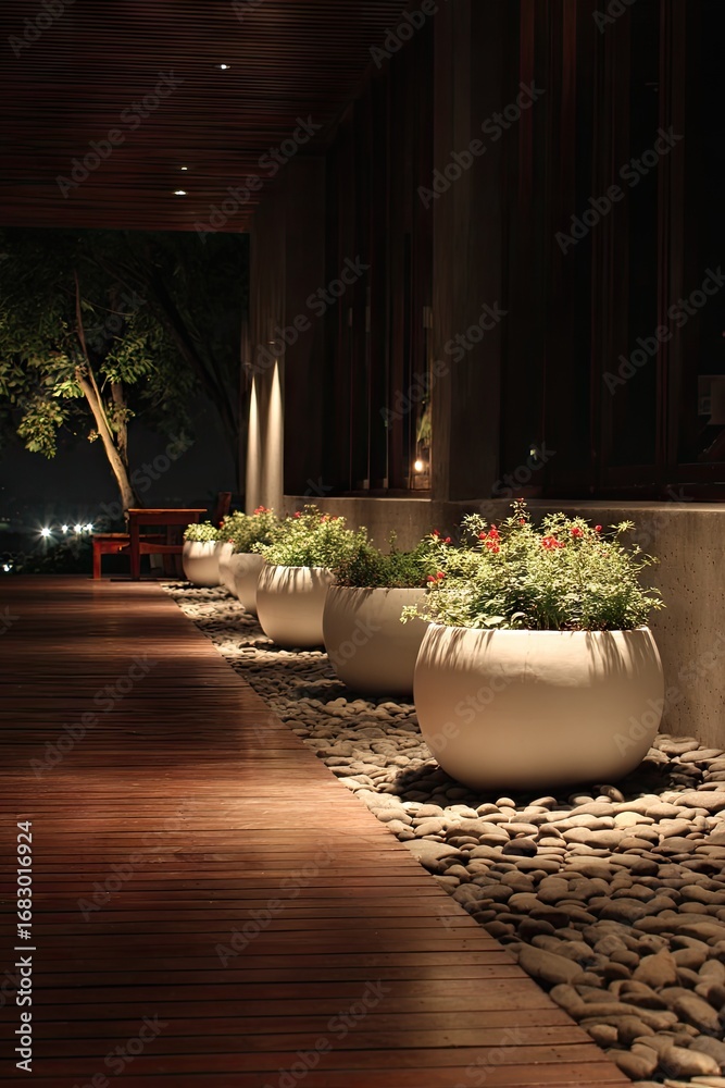 Fototapeta premium A serene outdoor walkway at night, illuminated by spotlights, featuring large white planters filled with vibrant plants, and a wooden deck.