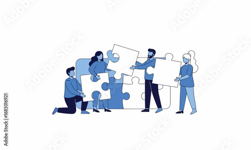 Diverse team collaboratively assembling large puzzle pieces, symbolizing teamwork and problem-solving.