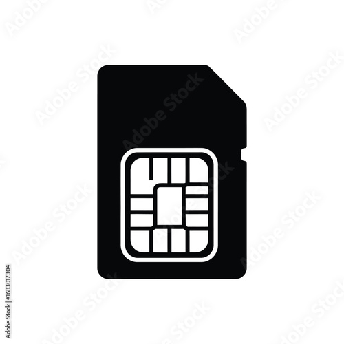 Simple black silhouette icon of a mobile phone SIM card, a flat vector graphic design element showing the integrated circuit chip for technology concepts