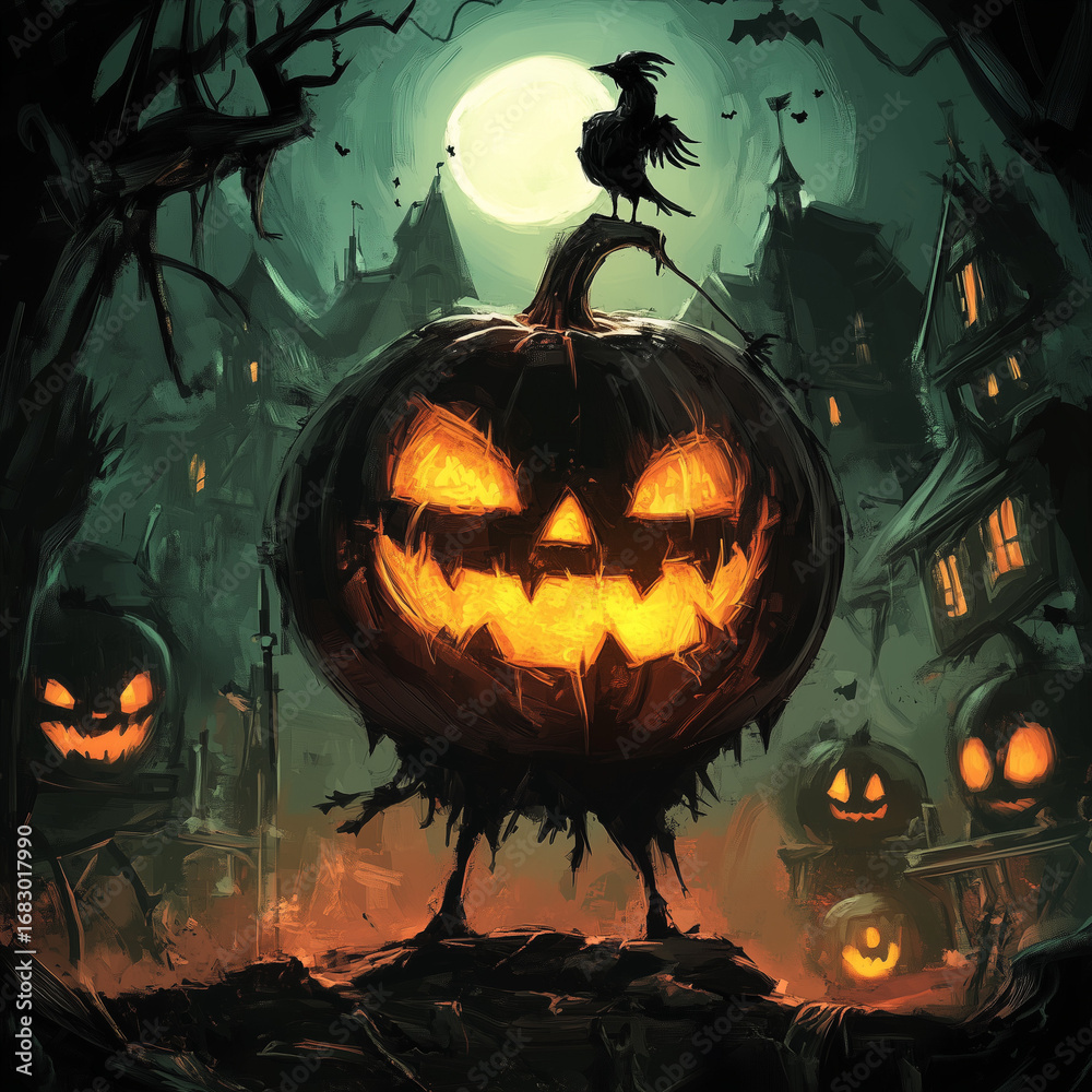 Fototapeta premium halloween, illustration, background, cover, night, scary, dark, october, celebration, spooky, haunted, horror, pumpkin, bat, house, moon, bats, card