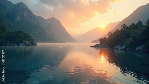 Serene bay at dawn, mist clinging to the water, sunlight illuminating the tranquil scene Perfect for travel, nature, and calming imagery , bay, mist
