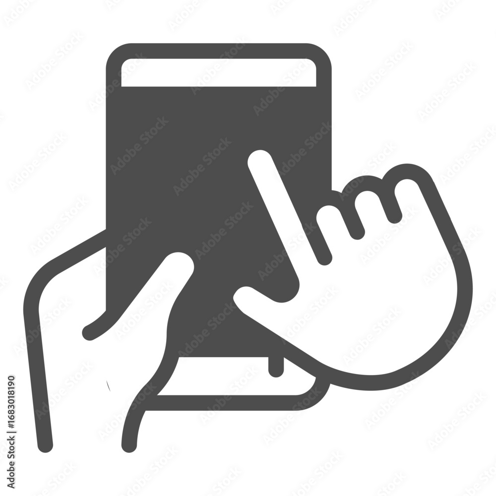 Fototapeta premium Mobile phone upright in hand solid icon, using smartphone concept, touch screen with index finger sign on white background, glyph style icon for mobile and web design. Vector graphics.