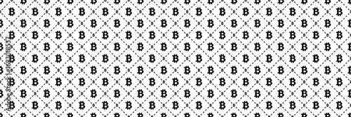 horizontal seamless black bitcoin symbol in dashed line square pattern for design and background.