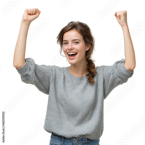 Woman excited about results isoleted on transparent background .