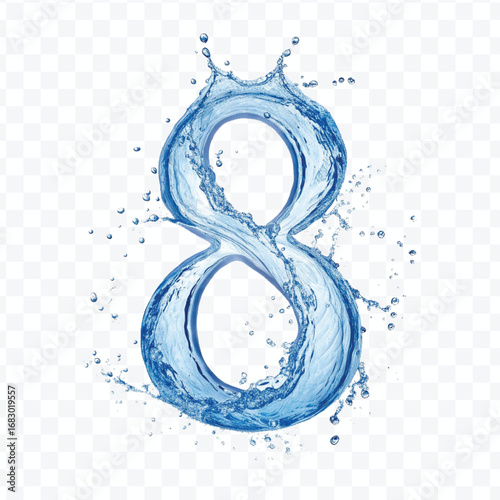 realistic 3d smooth number 8 digit made by water splash isolated on transparent background