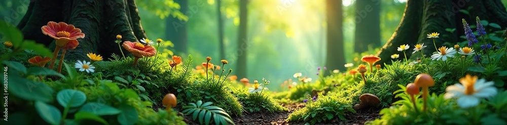 Fototapeta premium Lush green forest floor teeming with diverse wildflowers, ferns, and mushrooms Sunlight dapples through the canopy, illuminating vibrant foliage , woods, ecology