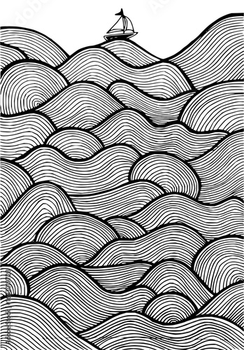 Serene sailboat navigates abstract wavy ocean with bold black and white line art