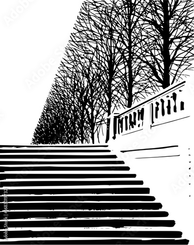 Elegant staircase ascends towards a line of bare trees and ornate balustrade, evoking a serene winter scene.