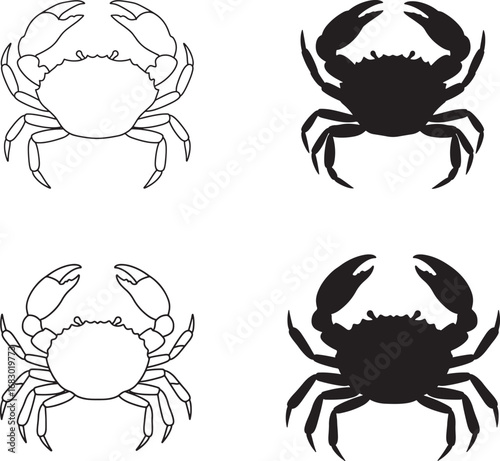 Four stylized crab illustrations showing outline and silhouette designs