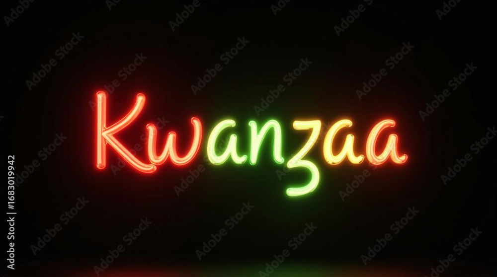 Obraz premium A vibrant neon sign illuminates the word kwanzaa, radiating a warm glow against a dark backdrop, symbolizing the joyous celebration of african heritage and unity during the festive season