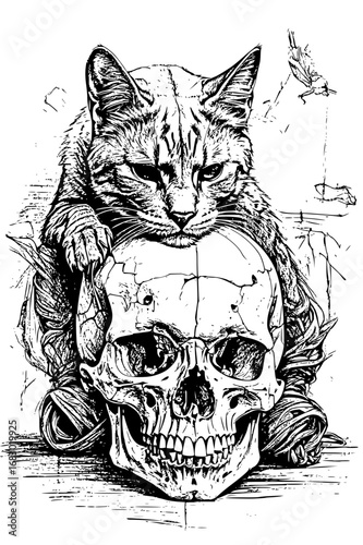 Intense feline perched atop a cracked skull, a dramatic artistic statement of life and mortality
