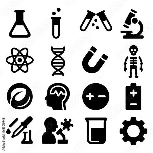 Science Icon Set: A compilation of crisp, graphic, minimalist icons showcasing diverse elements within the realm of scientific exploration and innovation.