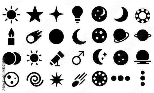 Celestial Icons: A collection of cosmic glyphs, ranging from the sun and moon to stars and planets, rendered in a simple, bold style suitable for design applications.