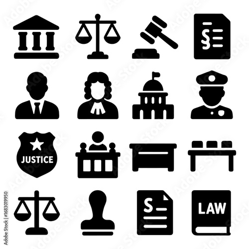 Legal Icons Collection: A comprehensive set of vector-style legal icons, perfect for illustrating themes of justice, law, and the legal system.