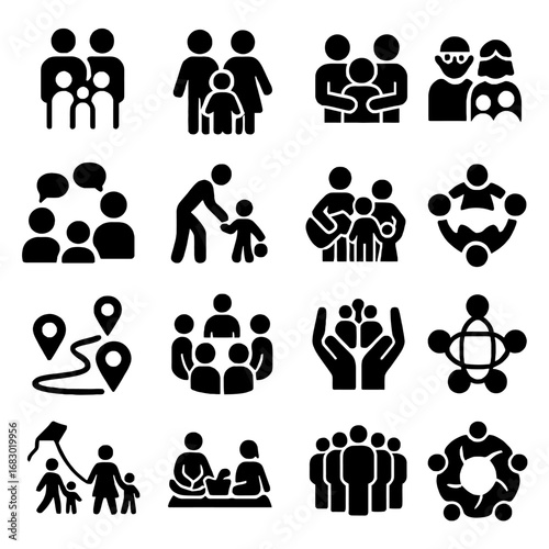 Family and Community Icon: A compilation of iconic illustration symbolizing the various forms of family and community connections. Evoking themes of togetherness, care, and belonging.